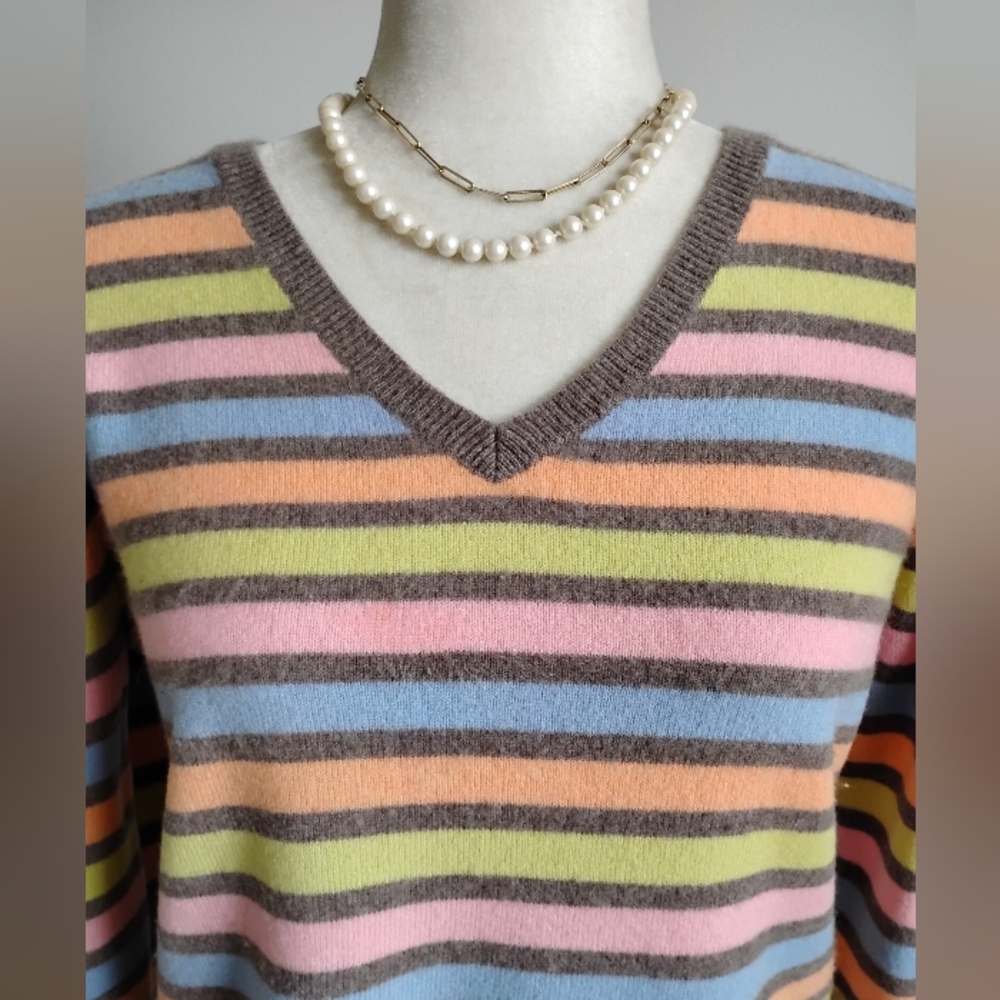 Talbots Vintage Cashmere V-Neck Sweater Candy Colorful Stripe Classic Size. Med - Picture 1 of 13